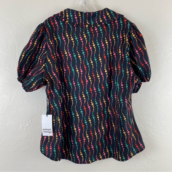 Unique Vintage NWT Size 2X Black Rainbow Polka Dot Puffy Sleeve Button Down Top - Picture 6 of 7